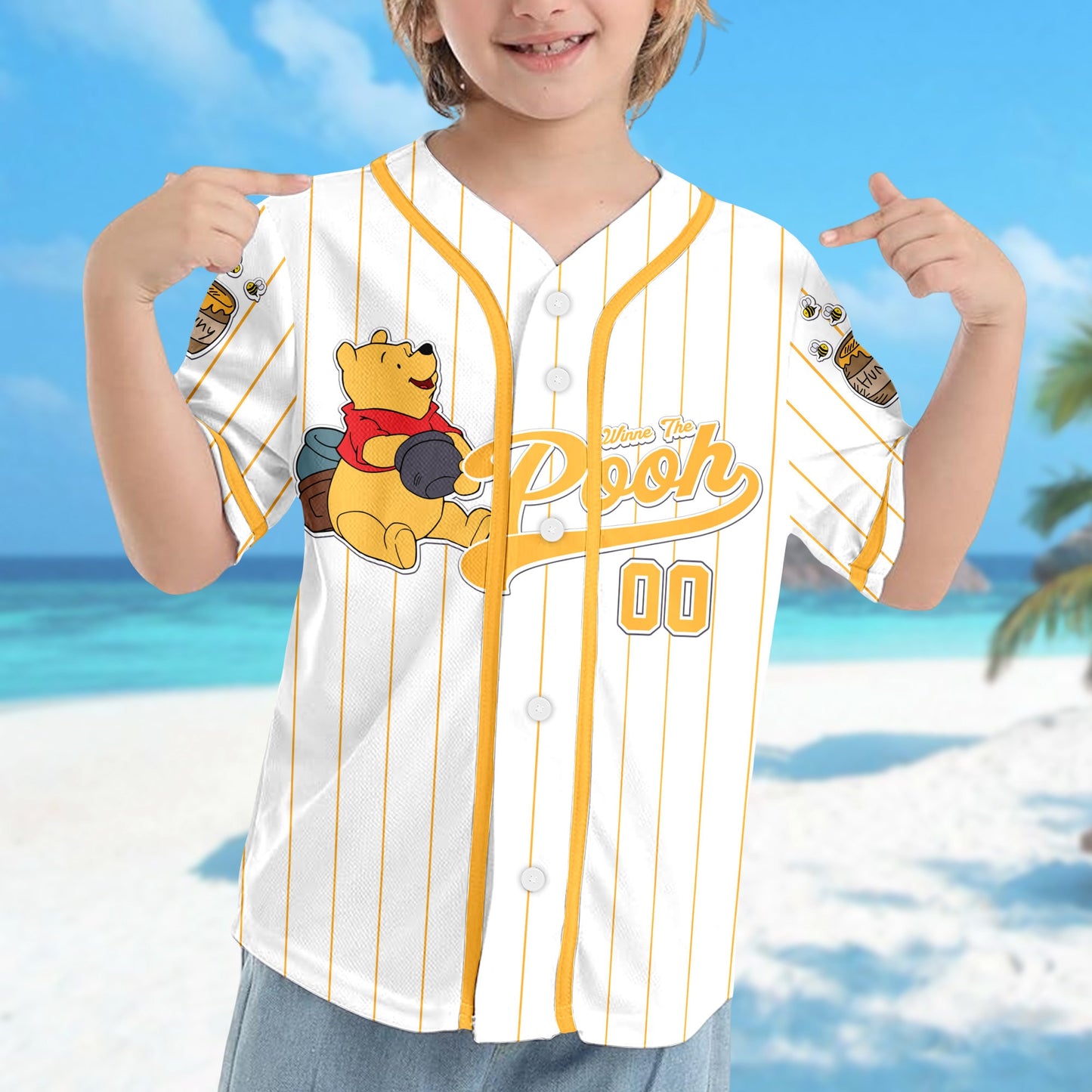 Custom Winnie the Pooh Baseball Jersey, Pooh Baseball Team Outfit, Honey Bear Jersey, Magic Kingdom Family Trip Shirt, Birthday Gift For Kid - Bafud