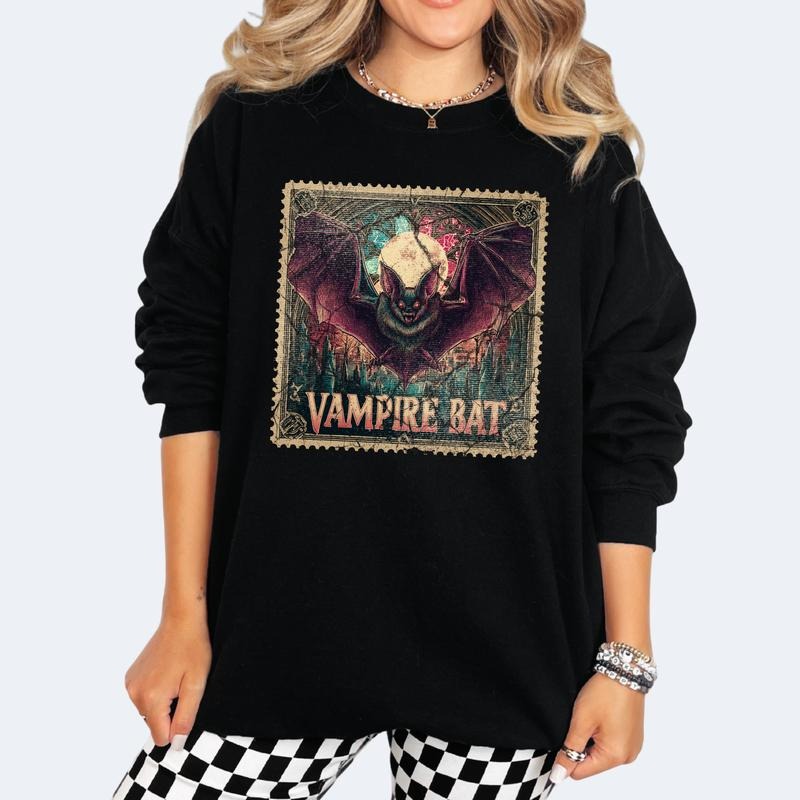 Vampire Bat Women's Graphic Pocket Hoodie - Casual Crewneck Sweatshirt for Winter Halloween Pullover Tops for Men & Women Fashion 3/4 Sleeve
