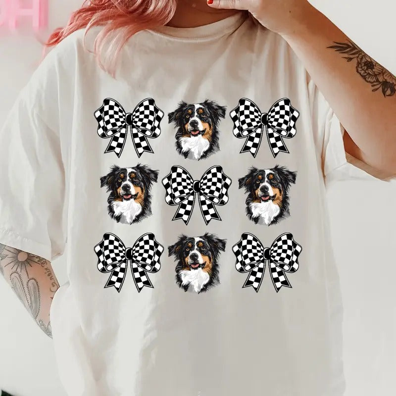 Checkered Bows & Australian Shepherd Shirt ~ Unisex Apparel Relaxed Fit Printed In The USA Clothing Womenswear Casual Comfort Cotton