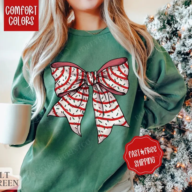 Christmas Cake Bow Comfort Colors Sweatshirt, Christmas Sweater Womenswear, Holiday Crewneck retro christmas