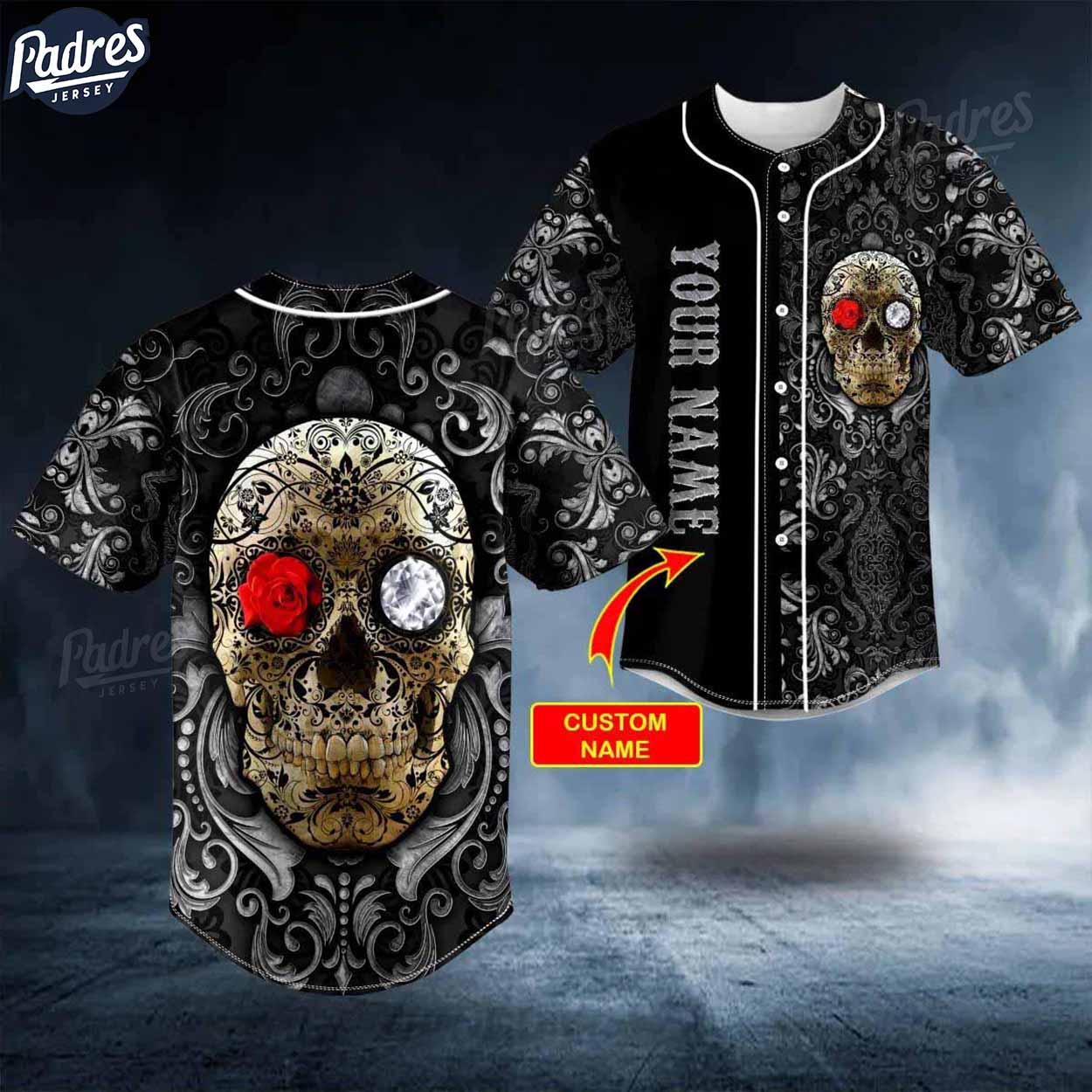 Custom Day Of The Dead Rose And Diamond Skull Baseball Jersey - Padres Jersey Oasis: Elevate Your Baseball Style Game