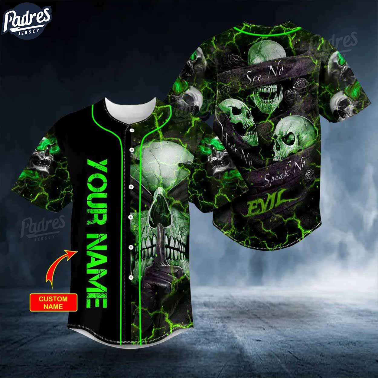 Custom Hear No Evil See No Evil Speak No Evil Green Skull Baseball Jersey - Padres Jersey Oasis: Elevate Your Baseball Style Game