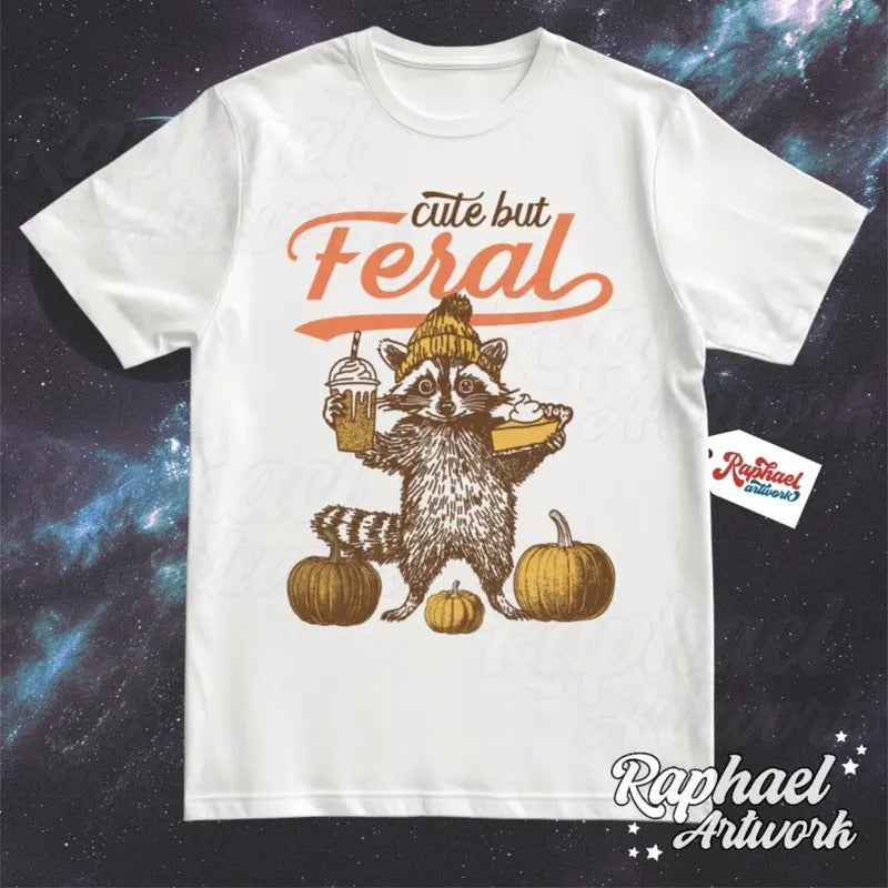 Cute But Feral Racoon Fall Vintage Shirt, Retro 90s Halloween Tshirt, Pumpkin Graphic Tee, Thanksgiving Outfit Cotton