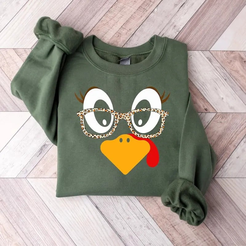 Cute Turkey Fall Thanksgiving Sweatshirt, Thanksgiving Family Matching Shirt,Turkey Face Shirt,Funny Thanksgiving Shirt,Thanksgiving Women's Cotton Womenswear