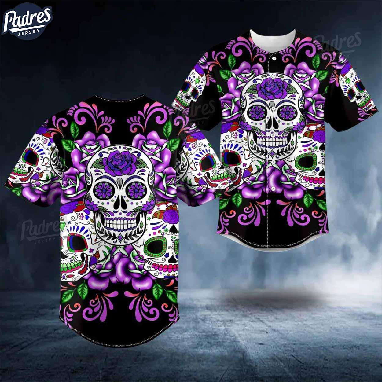 Day Of The Dead Purple Rose Pattern Sugar Skull Baseball Jersey - Padres Jersey Oasis: Elevate Your Baseball Style Game