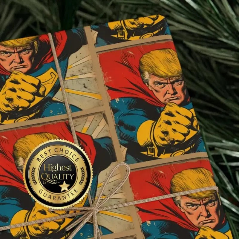 Donald Trump Wrapping Paper | Super Hero Trump Gift Wrap | MAGA Paper | Gift Paper for Trump Fans' Birthday Presents | Christmas Present