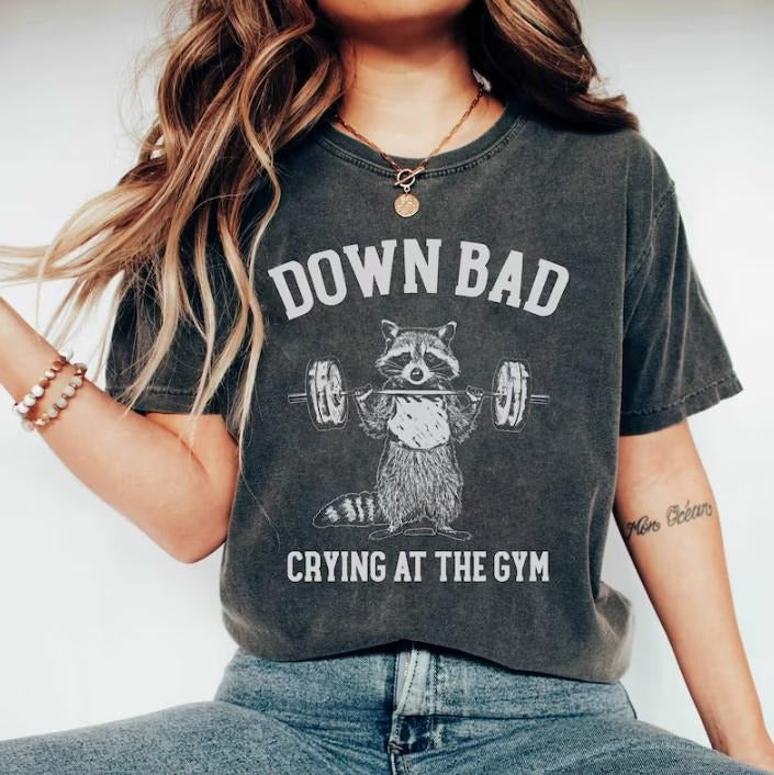 Down Bad Crying At The Gym Racoon Meme Shirt , Funny Workout Gym Tshirt Weightlifting, Women Down bad Crying Sweater