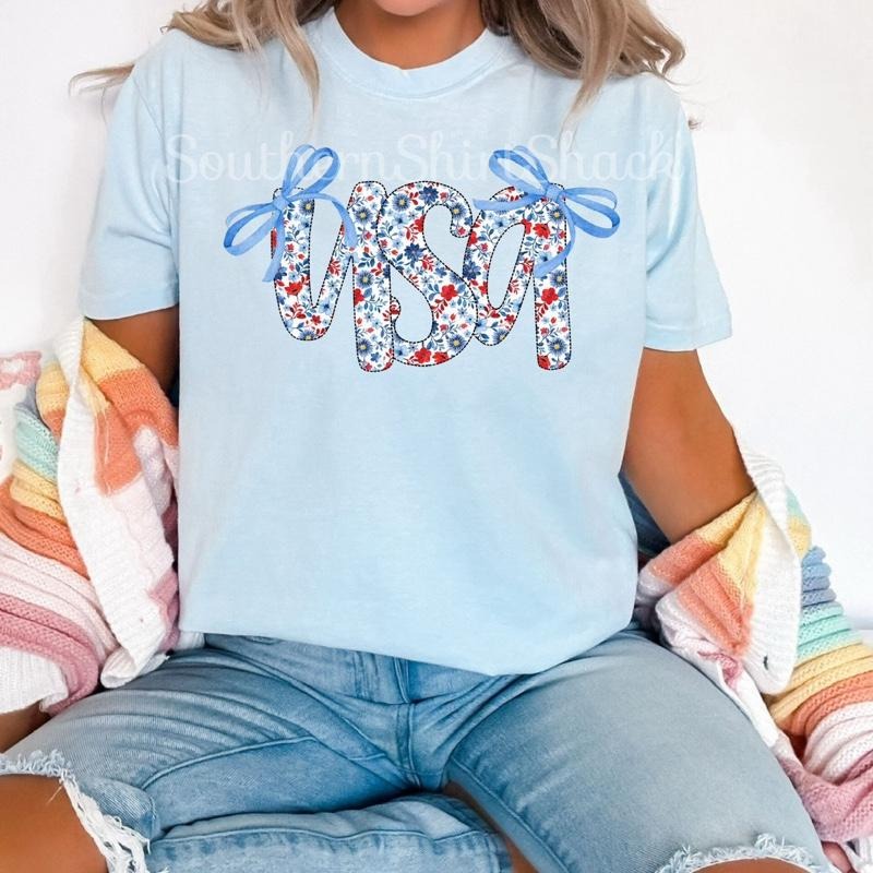 Floral USA bows T shirt | Chambray comfort colors t shirt