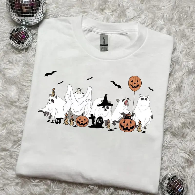 Funny Racoon Ghost Halloween Shirt, Retro Halloween Shirt , Spooky Season Cute Halloween Shirt Cotton Menswear