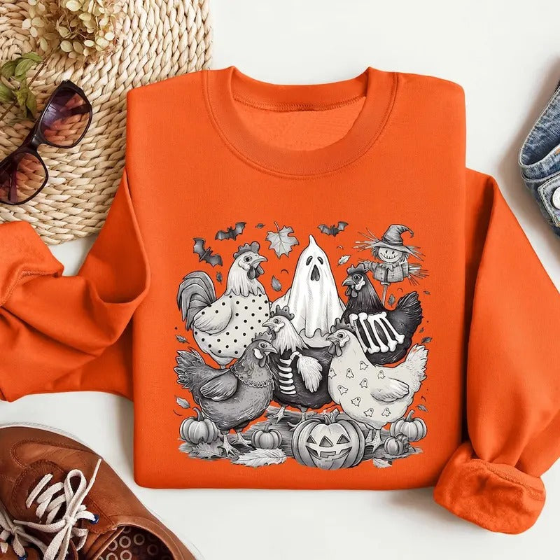 Halloween Chicken Sweatshirt, Halloween Chicken Shirt, Chicken Lover Gift, Funny Chicken Shirt, Ghost Chickens Tee, Fall Chicken Shirt Cotton Menswear