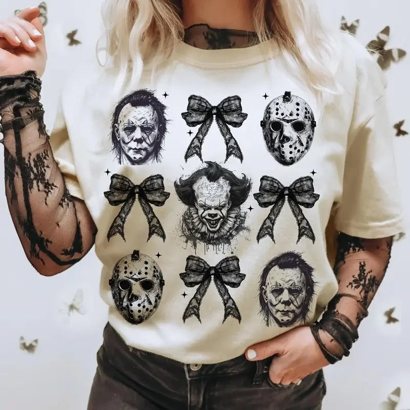Horror Coquette Bow Sweatshirt, Horror Halloween Sweater, Retro Halloween Crewneck, Scary Movies Shirt, Horror Characters Tees