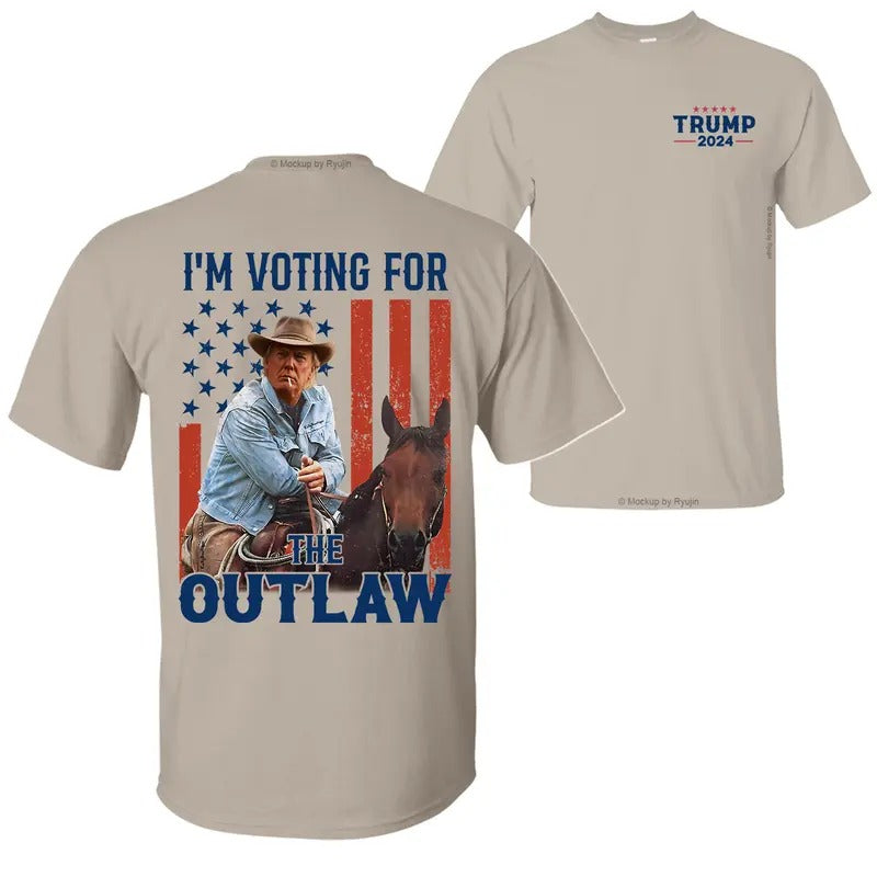 I'm Voting for The Outlaw Trump Cowboy 2024 Riding a Horse with The American Flag 2 Sided Graphic Printed Unisex Cotton T-Shirt