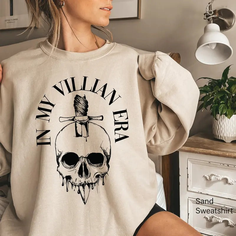 In My Villain Era Sweatshirt, Aesthetic Book Lover Hoodie, Dark Romance Book Shirt, Spicy Book Lover Shirt, Inspirational Quotes Womenswear Soft Crewneck Pullover Long Sleeves Graphic Fabric Sweater