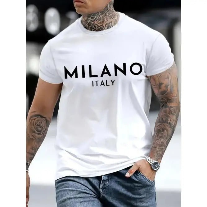 Italy Milan lettering printed T-shirt men's casual style summer and autumn slightly elastic round neck T-shirt Made in USA