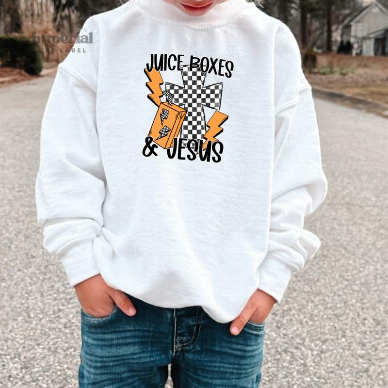Juice Boxes & Jesus Youth Sweatshirt and Kid's Comfort Colors T-Shirt, Faith-Based Funny Crewneck, Christian Kids Apparel, Cozy Youth Pullover, Religious Graphic Tee, Inspirational Youth Sweatshirt