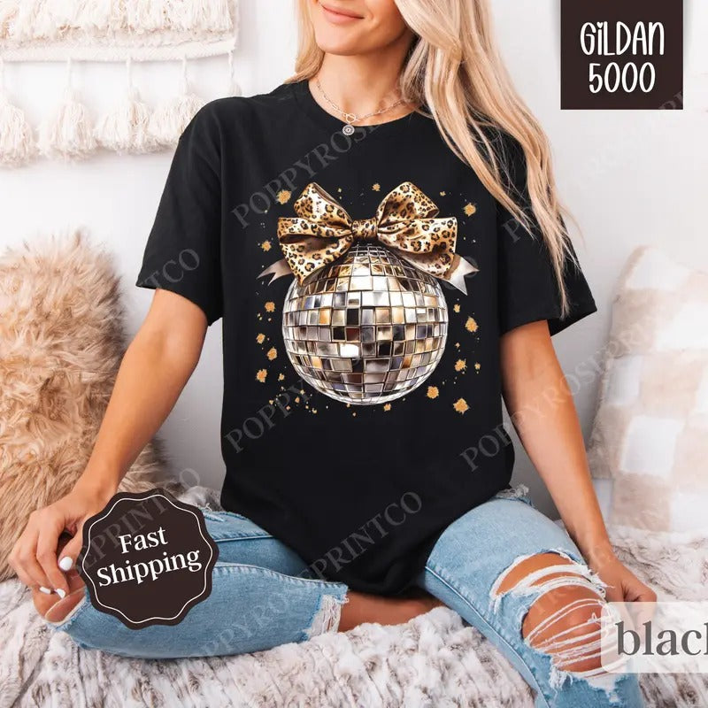 Leopard Disco Bow Shirt Gildan, New Year's 2025 Women's Tee, NYE Women's Tshirt Plus Sizes
