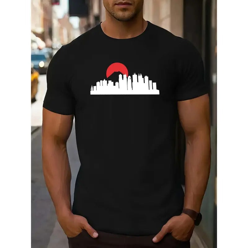 Men's Casual Short-Sleeve T-Shirt with Unique Sunset & City Print - Round Neck, Machine Washable - Perfect for Summer Outdoor Activities MADE IN USA