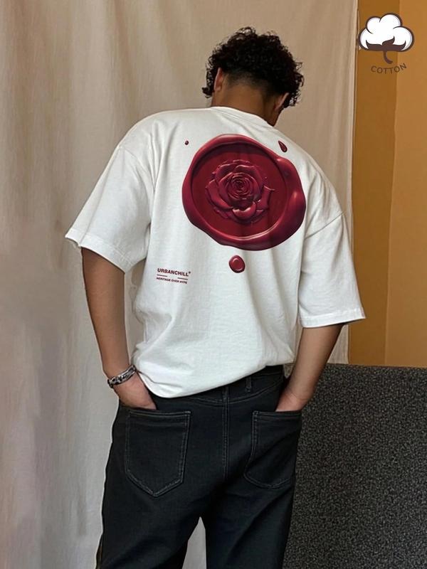 Men's Rose Print Round Neck Graphic Tee, Regular Fit Casual Short Sleeve T-shirt for Summer, Men's Top for Daily Wear, Tropical, Cotton