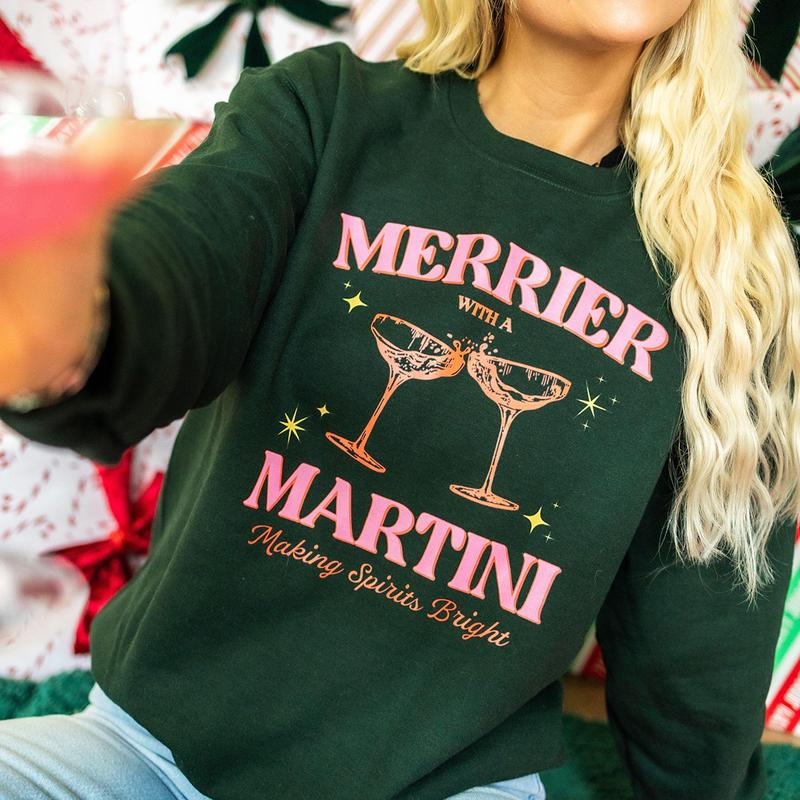 Merrier with a Martini, Christmas Cocktail, Christmas Sweatshirt, Holiday Party Sweatshirt Oversized Sweatshirt, Christmas T Shirt