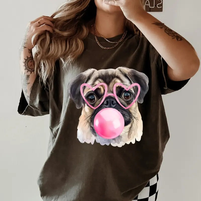 Pug Blowing Bubble Gum Shirt ~ Unisex Apparel Relaxed Fit Printed In The USA Clothing Womenswear Casual Comfort Cotton Top Athletic Boho Chic