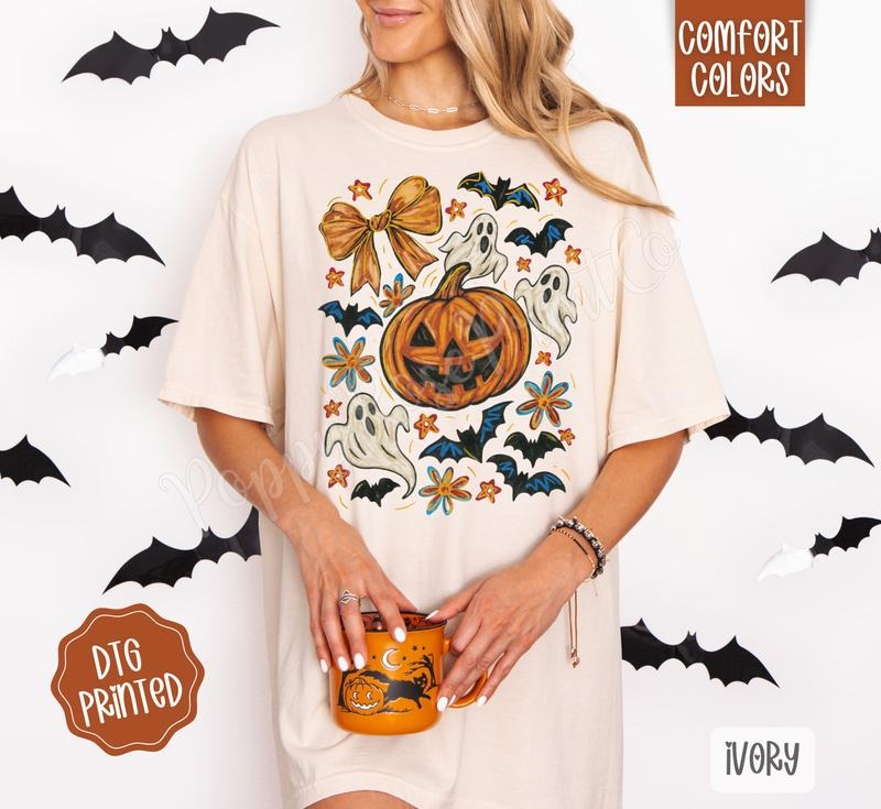 Pumpkin Floral Collage Shirt Comfort Colors, Trendy Halloween Tshirt