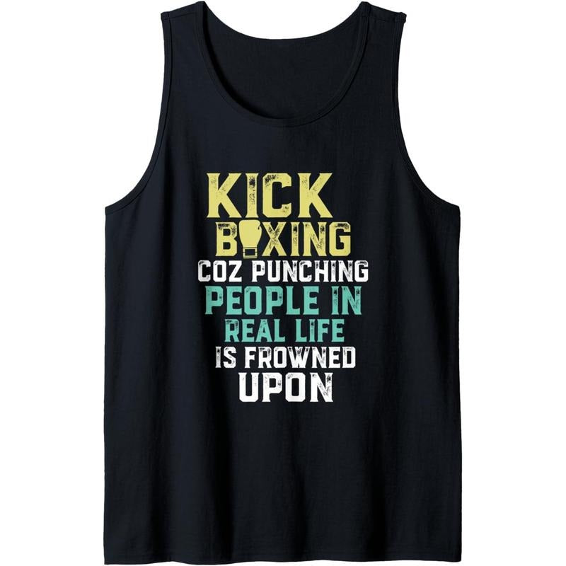 Punching People Is Frowned Upon Funny Sarcastic Kickboxing Tank Top Made in USA