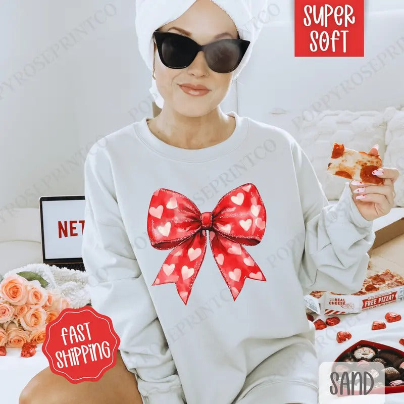 Red Heart Bow Sweatshirt, Valentine's Day Crewneck, Holiday Women's Sweater