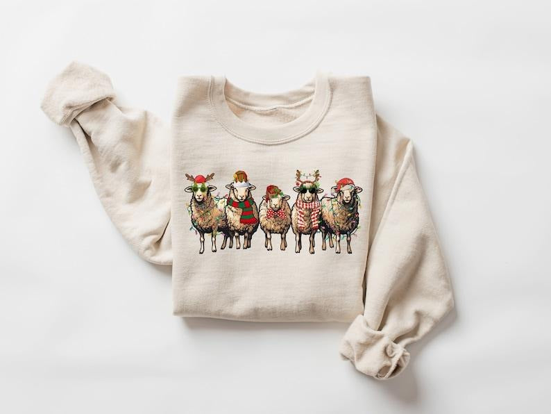 Sheep Christmas Light Sweatshirt, Christmas Sheeps Sweater, Funny Farm Animal Xmas Shirt, Sheep Lover Christmas T-shirt, Christmas Gifts, Hoodie and Sweater; T-shirt