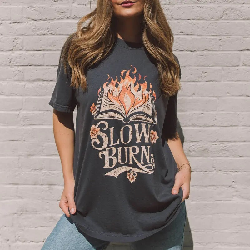 Slow Burn Graphic Tee, Gift For Book Lover, Womenswear Crewneck Cotton Casual Fashion
