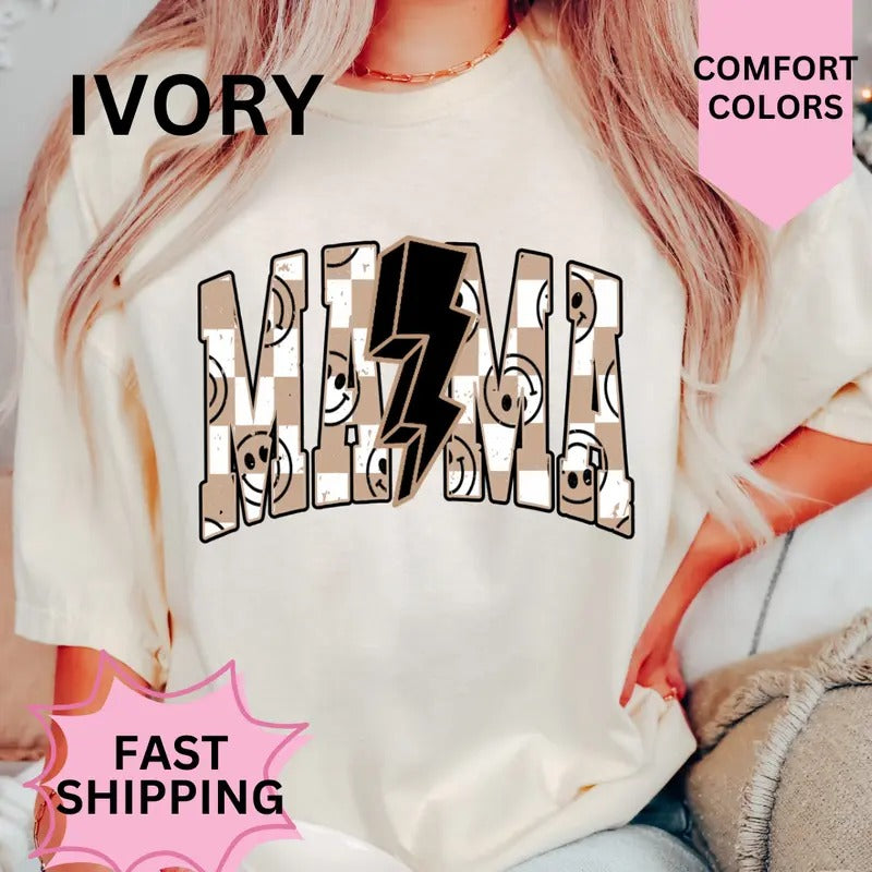 Tan Checkered Mama Retro Shirt, Mama; Shirt, Christmas Mama Shirt, Women's Oversized Christmas Shirt - Festive Printed Design - Cotton, Comfortable