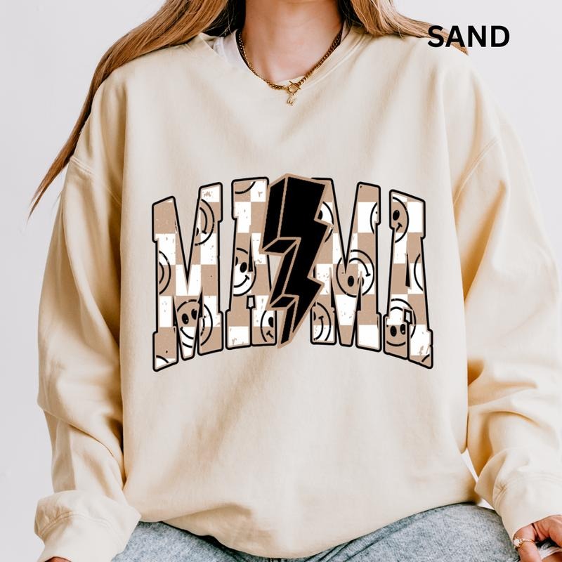 Tan Checkered Mama Sweatshirt, Mama Sweatshirt Winter Graphic Long Sleeve Casual Cotton Polyester Oversized sweatshirt - Comfort Crewneck Womenswear