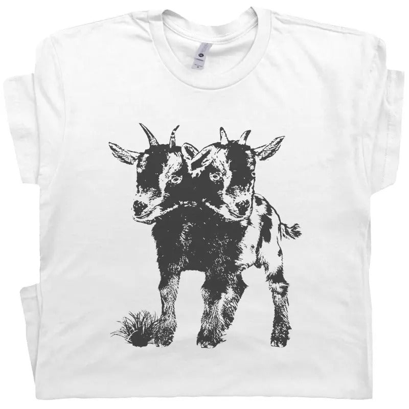 Two Headed Goat Shirt - Cute Goat Graphic T-Shirt Casual Menswear
