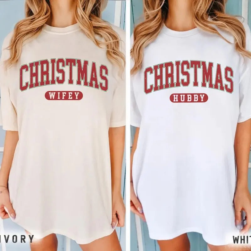 Unisex Christmas Couple Sweatshirt, Wifey Hubby Xmas Sweater, Santa Claus Newlywed Christmas Sweater - Fabric, Pullover