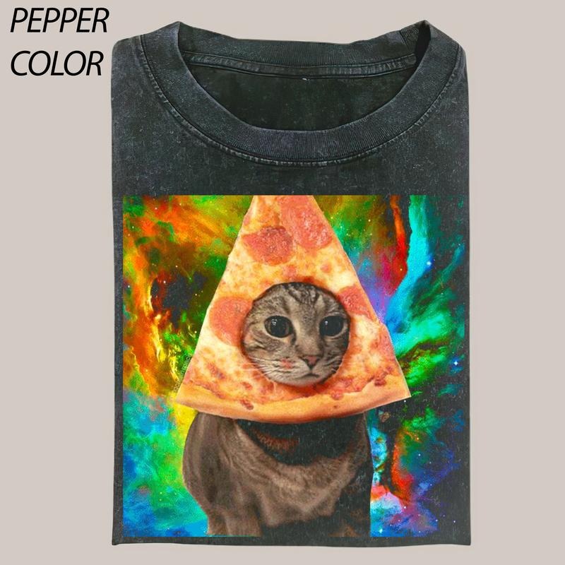 Vintage Cat Star Sky Pizza T-shirt, Cute Cat Shirt, Love Cat Tshirt, Meme Cringe Funny Dumb Shirts, Unisex Shirt Menswear Womenswear Streetwear