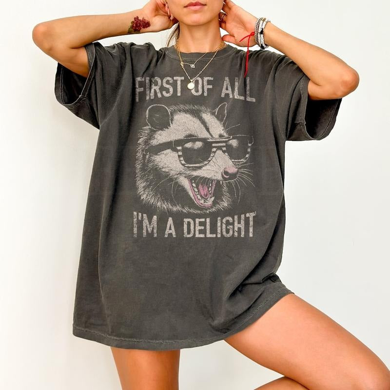 Vintage First Of All I'm A Delight Shirt, Retro Funny Raccoon Shirt,Vintage Raccoon Tshirt Cotton Top Casual Comfort