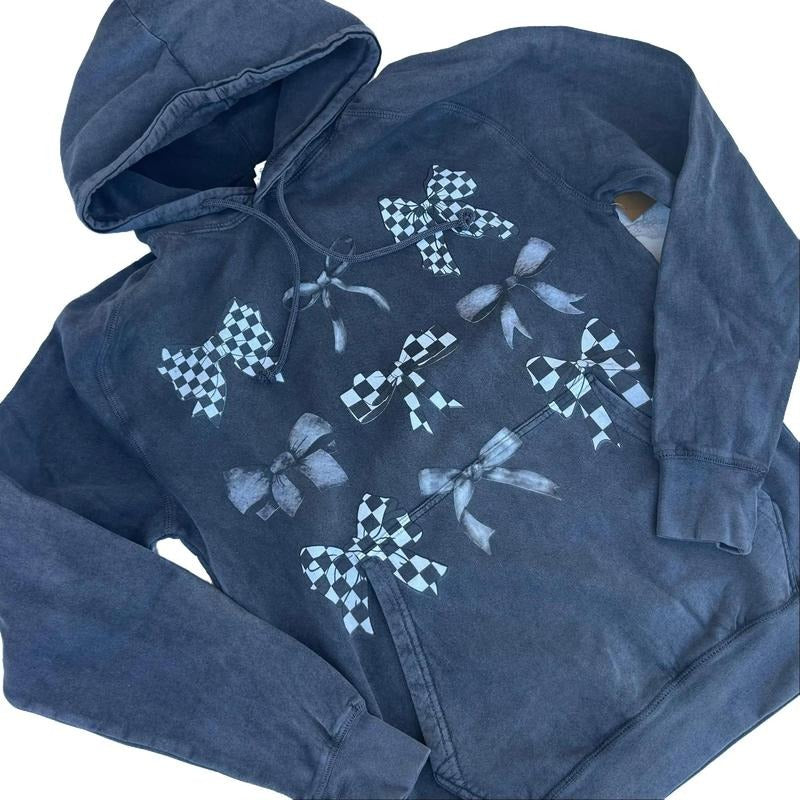 Vintage Washed Hoodie - Checkered Coquette Bows Black and white