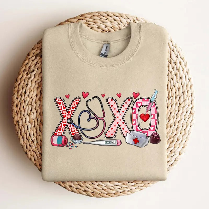 XOXO Nurse Sweatshirt - Valentines Day Shirt for Nurses - Unisex Cotton T-shirt - Fabric