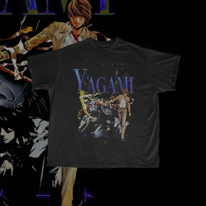Yagami T-Shirt Anime Graphic Tee Anime Shirt Death Note Top Womenswear Menswear Top Man Tshirt Human Streetwear Crewneck Round Neck T-Shirt Tropical