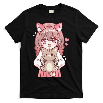 Anime Girl With Cat Kawaii Cat Lover Otaku T-Shirt