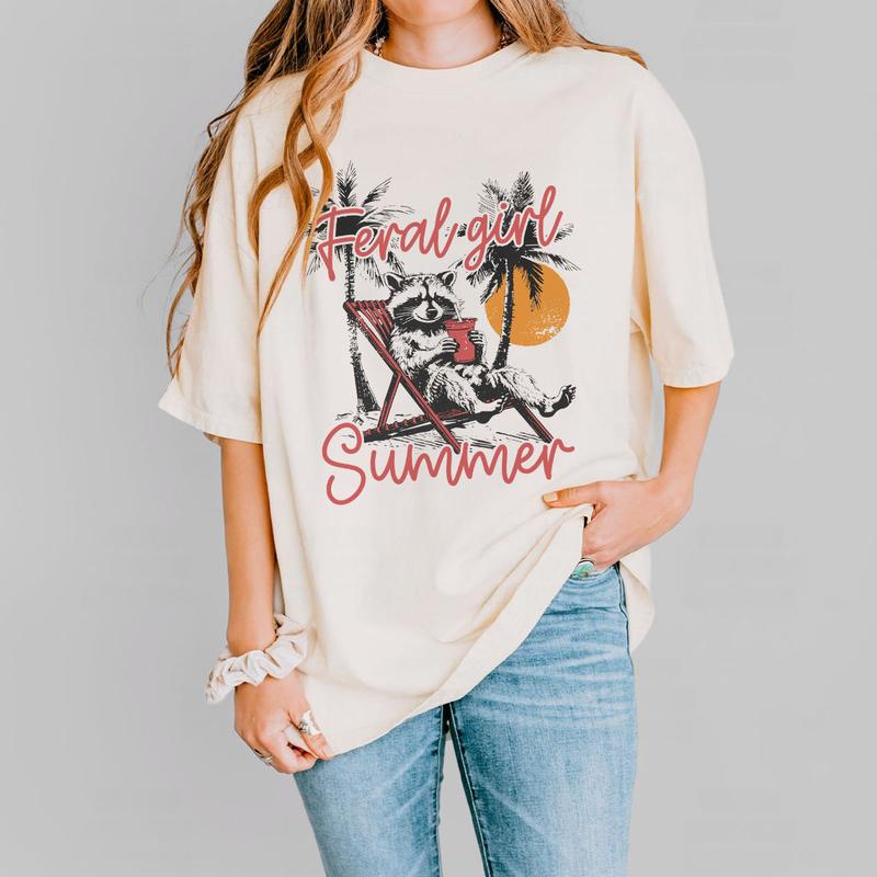 Feral Girl Summer Shirt, Feral Women Comfort Tee, Racoon Lover Shirt, Funny Raccoon T-Shirt, Beach Shirt, Beach Vacation Outfits, Trendy Summer Design, Feral Women Tops