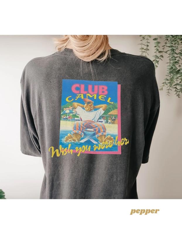 1991 Club Camel Unisex Garment-Dyed T-shirt Vintage Inspired Joe Camel for Club Med Parody T-shirt, sweater and Hoodie 2 sides