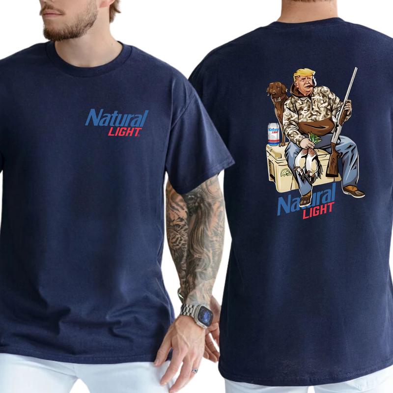 Camo Hunter Trummp With Natural Light Beer Shirt 2-Sided, Funny Men's Hunting T-shirt, Beer Drinking Tee, Unisex Hunt Tops, Classic Casual Menswear