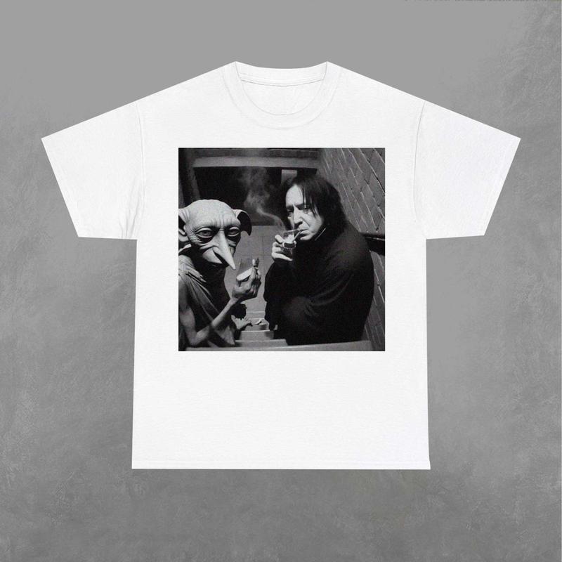 Snape and Dobby Smoking on Stairs Shirt, Dobby Sweatshirt, Wizard House Shirt, Wizarding Fan, Retro Funny Movie Graphic Shirt Classic Fabric