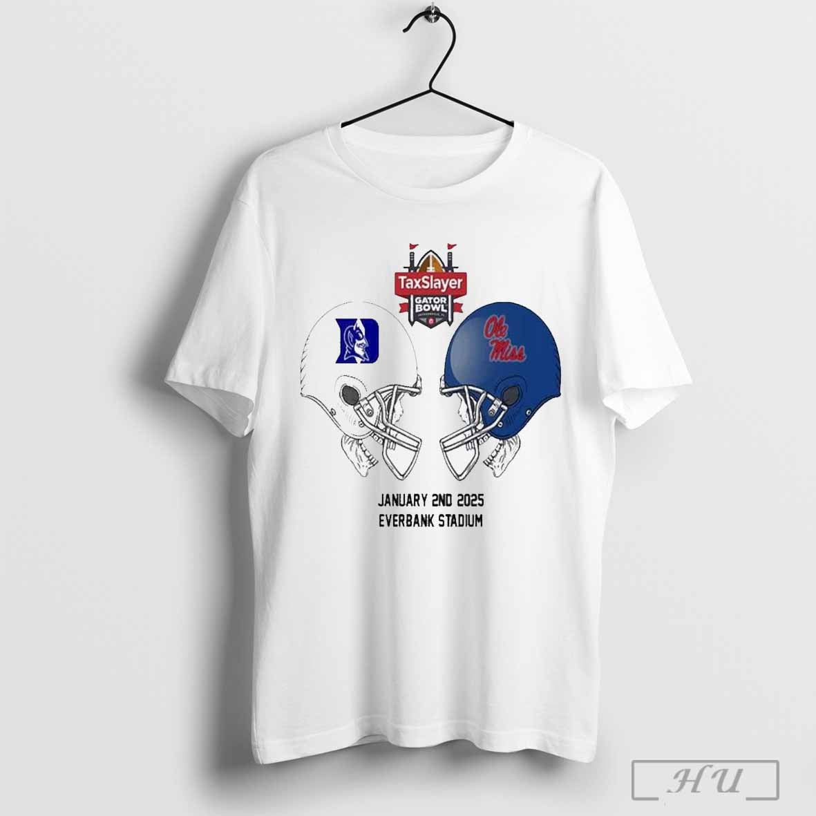 Taxslayer Gator Bowl Ncaa 2024 2025 Bowl Games Duke Blue Devils Vs Ole Miss Rebels At Duke Blue Devils Skull Helmet Head To Head T Shirt