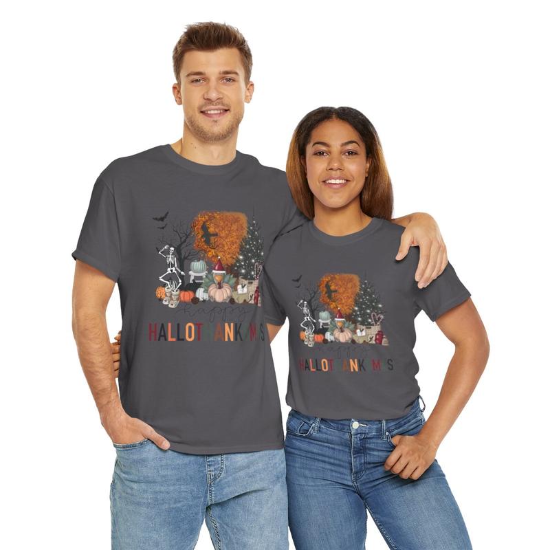 Happy Hallothanksmas Unisex Heavy Cotton Tee - Halloween - Thanksgiving - Christmas - Holiday Shirt - Pumpkin - Ghost - Christmas Tree - Snow - Turkey - Funny Shirt - Gift for Men and Women