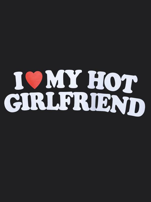 Men's Letter I Love My Girlfriend Print Round Neck Tee, Streetwear, Graphic Tees, Regular Fit Casual Short Sleeve Crew Neck T-shirt, Summer Clothes, M