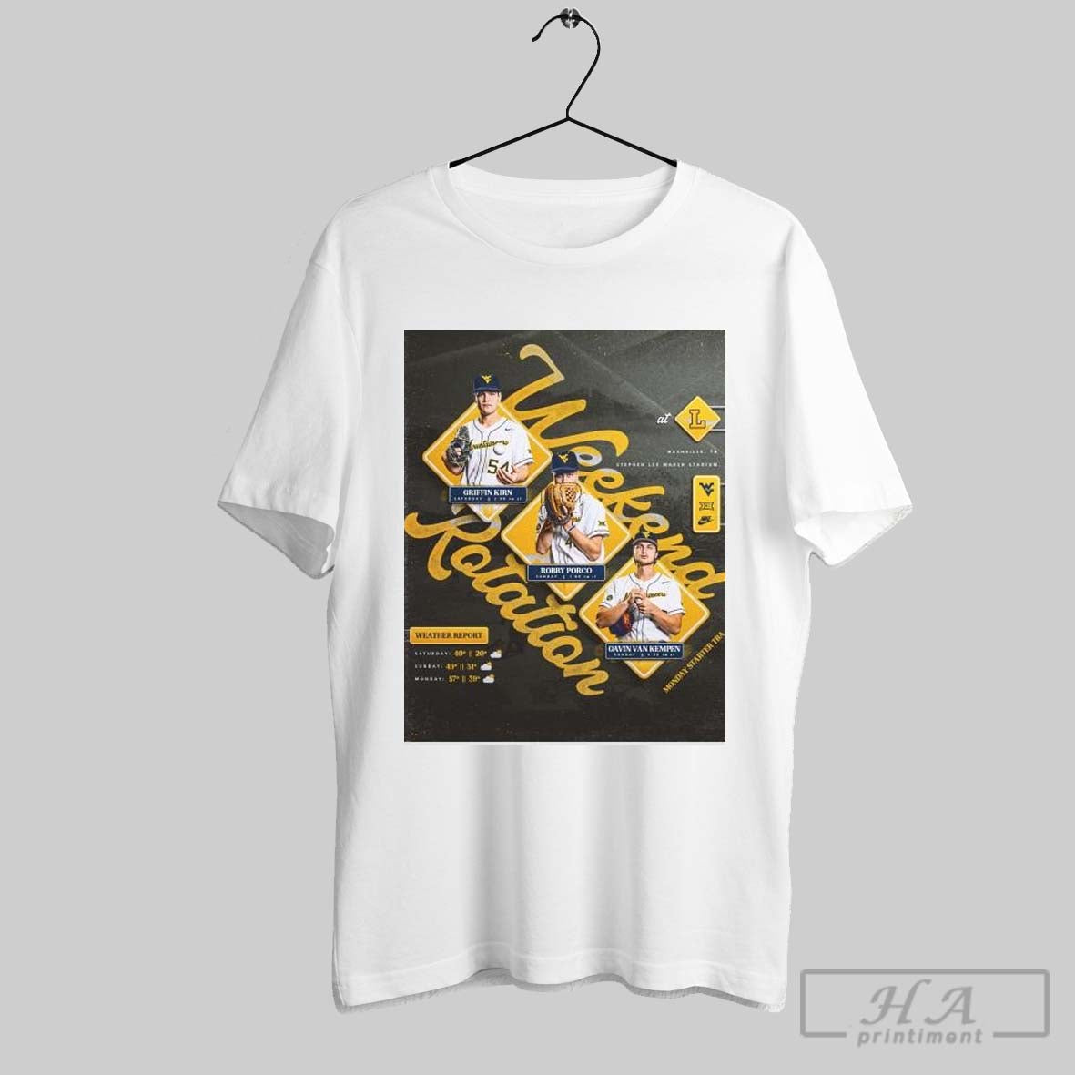 Poster Weekend Rotation Griffin Kirn Gavin Van Kempen Robby Porco West Virginia Baseball Vs Lipscomb Bisons 2025 T Shirt