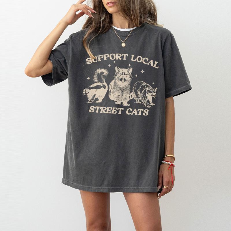 Support Your Local Street Cats Graphic T-Shirt, Retro Unisex Adult T Shirt, Vintage Raccoon T-Shirt, Nostalgia Shirt, Relaxed Cotton Tees, Raccoon Lover Tee, Street Cats Shirt, Comfort Women Top