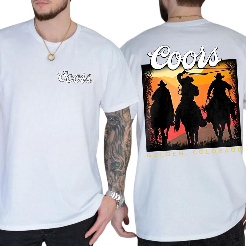 Men's Vintage Sunset Coors Cowboy Shirt 2-Sided, Wild West Cowboy Unisex Graphic Tshirt, Gift For Men, Soft Fabric Casual Menswear, Classic Cotton Top