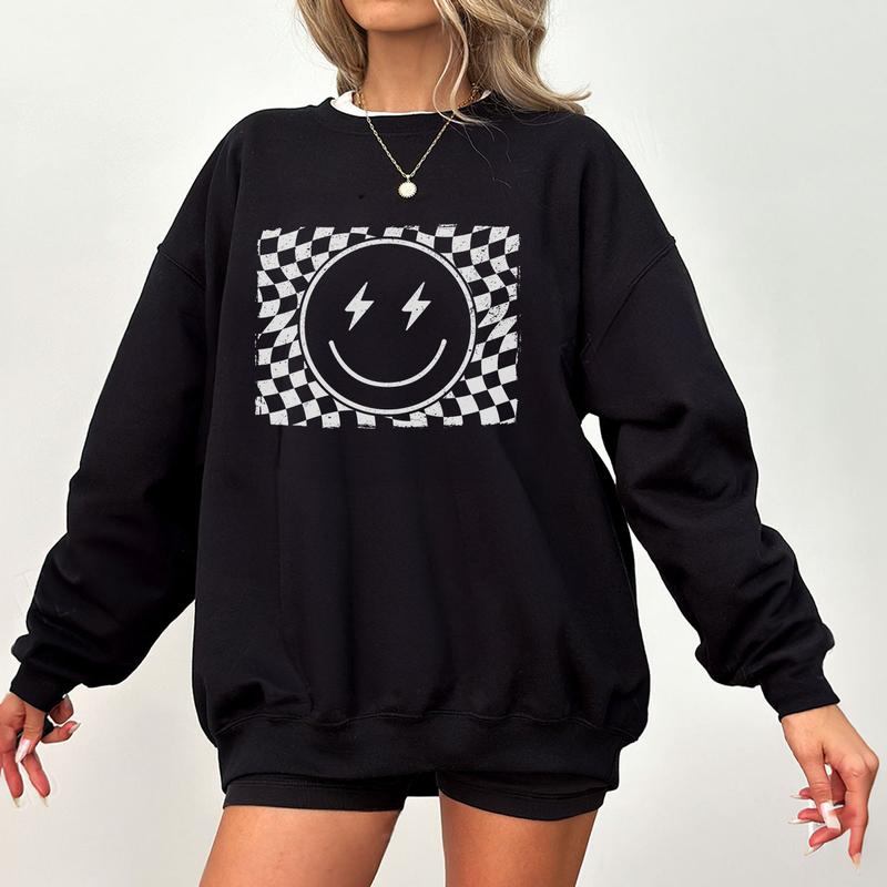 Checkered Smile Face Shirt, Retro Shirt for Women, Smile Face T-Shirt, Gift for Her, Retro Checkered Tee, Vintage Face Funny Shirt, Women Top